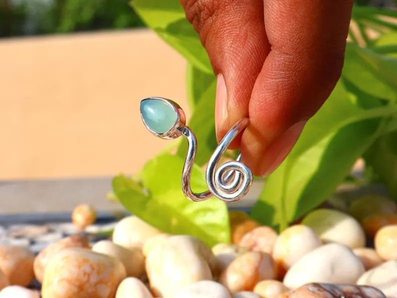 Handmade Chalcedony Ring, Handmade Pear Gemstone, March Birthstone Size ONE SIZE - 5 Thumbnail