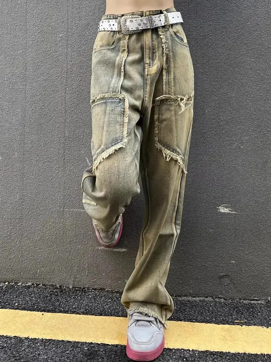 Japanese Brand Retro washed straight leg patchwork jeans Size US 32 / EU 48 - 2 Thumbnail