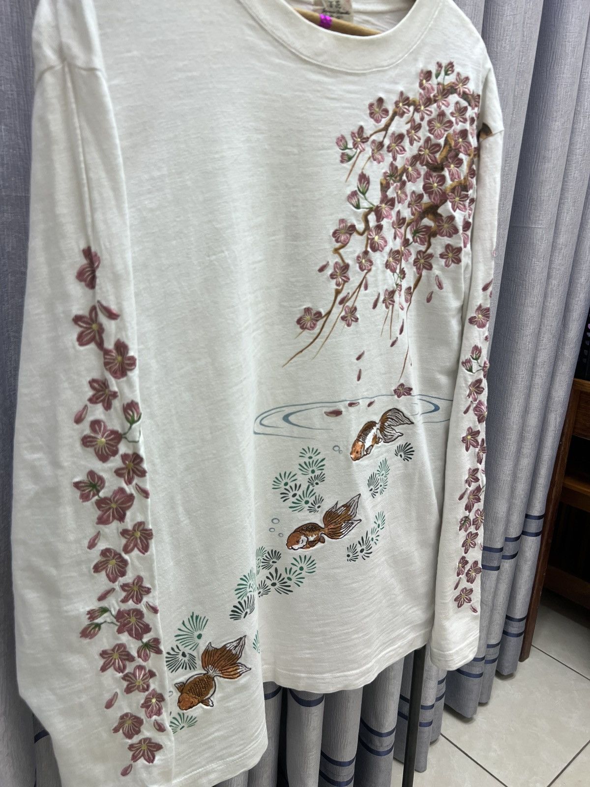 Japanese Brand Japanese Sukajan Sakura Gold fish Embroided Long Sleeve Tee Size US XL / EU 56 / 4 - 2 Thumbnail