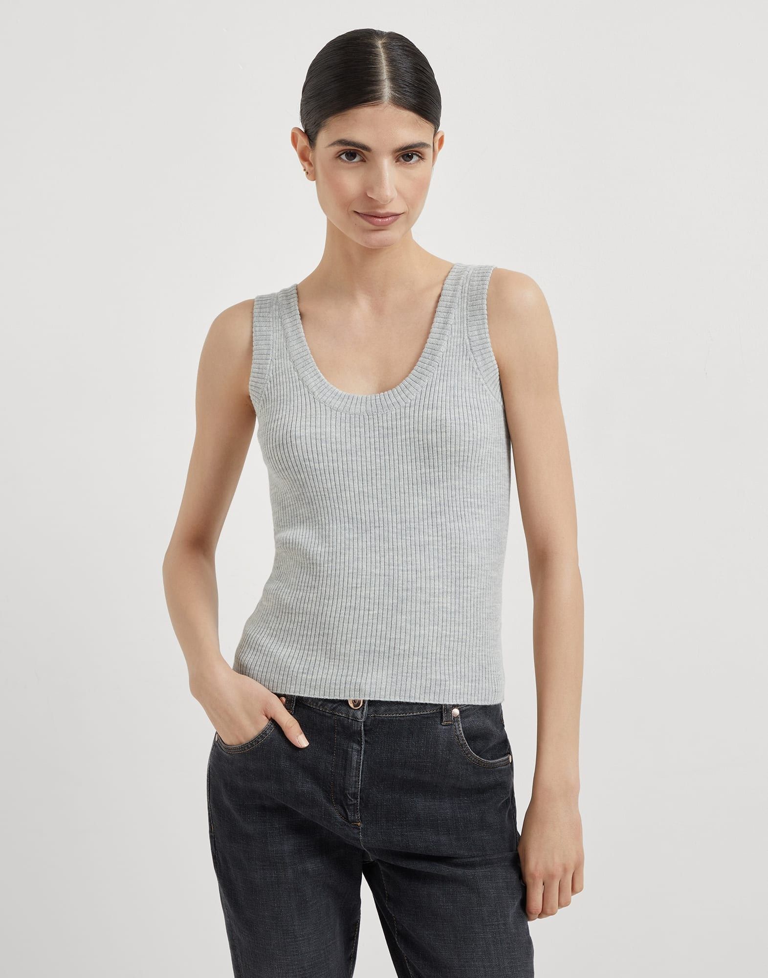 Brunello Cucinelli o1la1rc1a0326 Virgin Wool Cashmere Rib Knit Top in Grey Size L / US 10 / IT 46 - 1 Thumbnail