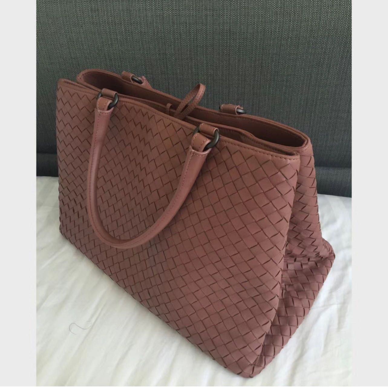 image of Bottega Veneta Veneta Woven Leather Tote in Burgandy, Women's