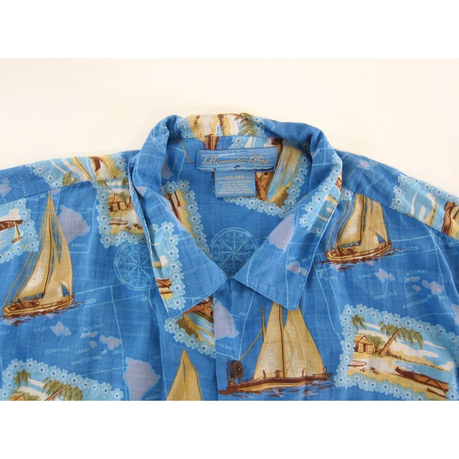 Vintage Bermuda Bay Shirt XXL Bermuda Bay 100% Silk Sailboat Blue Yellow Floral Button Down Hawaiian Shirt Mens Size US XXL / EU 58 / 5 - 3 Thumbnail