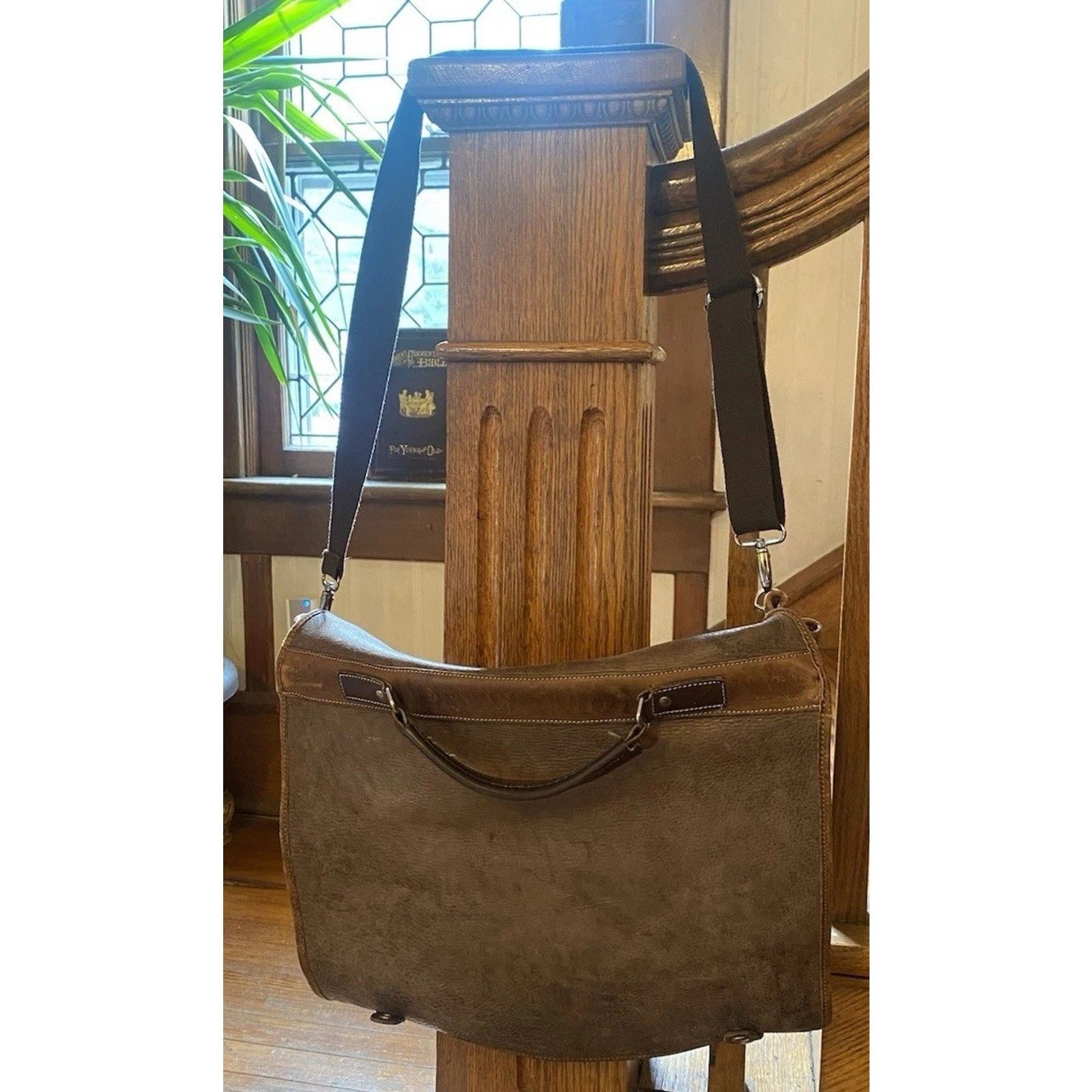 Roots Brown Leather Briefcase Messenger Laptop Shoulder Bag, Men's