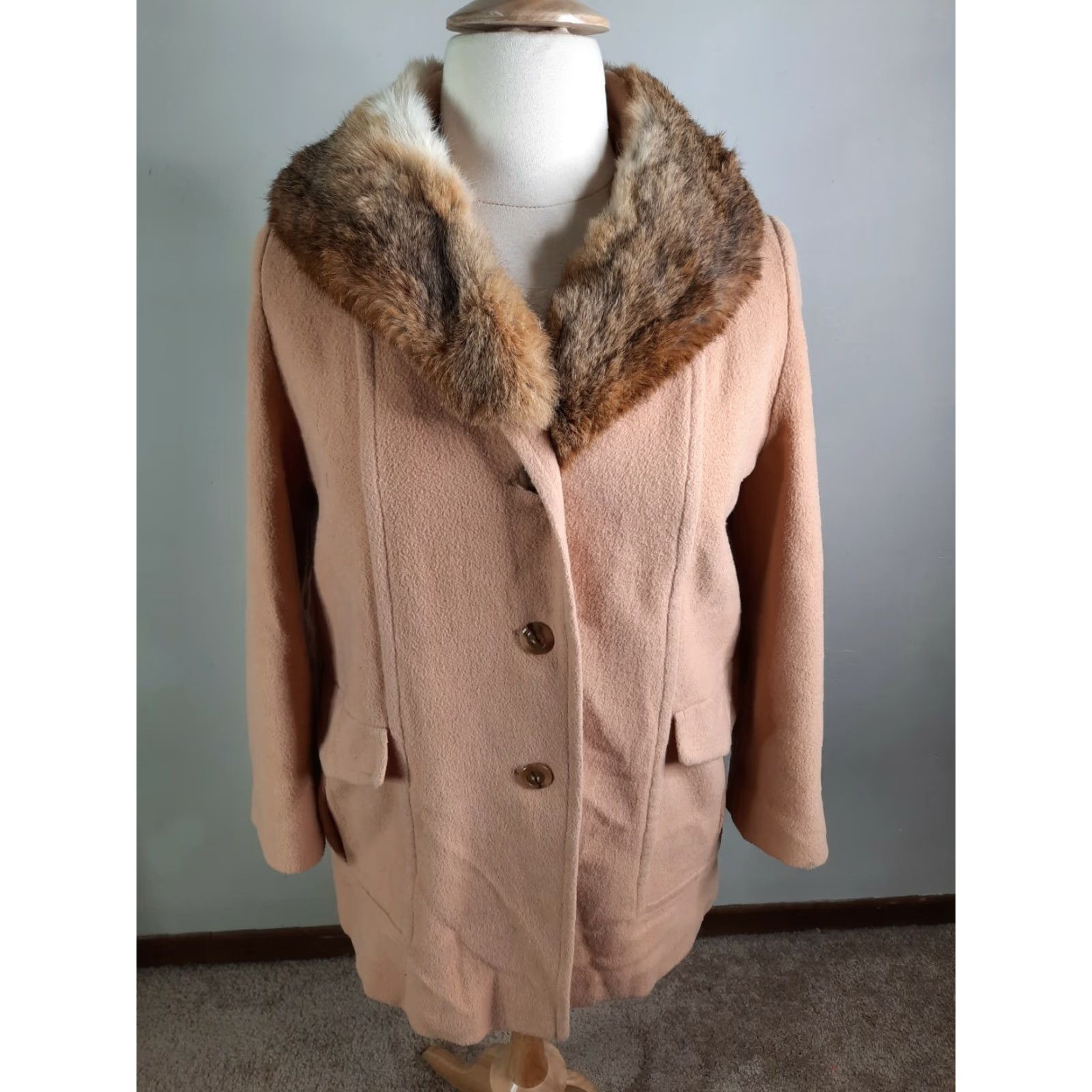 Vintage Vtg 60s Noble Fashions Wool Blend Fur Collar Pea Trench Coat Large 14/16 Beige Women's Coat Size L / US 10 / IT 46 - 3 Thumbnail