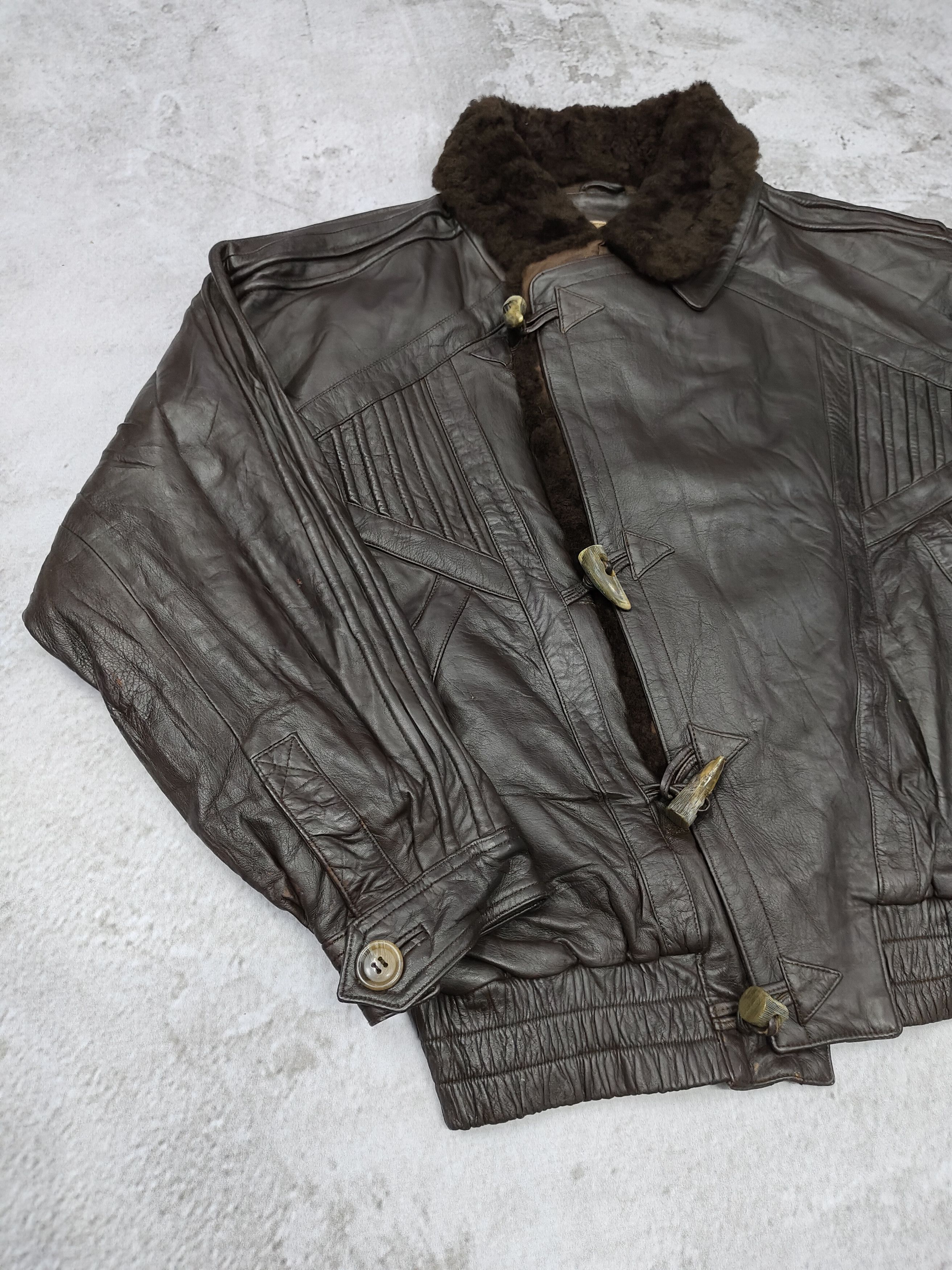 Vintage 80s Desca Ggeri🇮🇹 Pleated Panel Fur Collar Leather Bomber Size US L / EU 52-54 / 3 - 3 Thumbnail