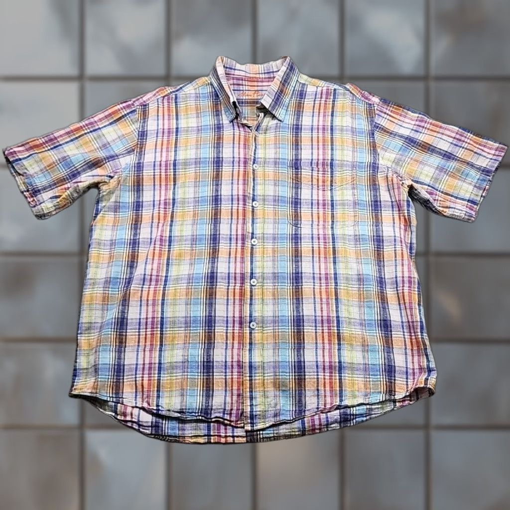 Vintage Alan Flusser Shirt Mens XL Plaid Short Sleeve Linen Blend Casual Preppy Size US XL / EU 56 / 4 - 1 Thumbnail
