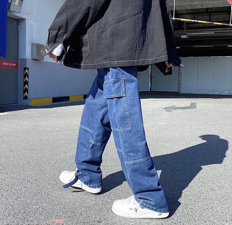 Jean Dark Blue Cargo jeans Wide Leg Denim Loose Straight Baggy Size US 38 / EU 54 - 6 Thumbnail