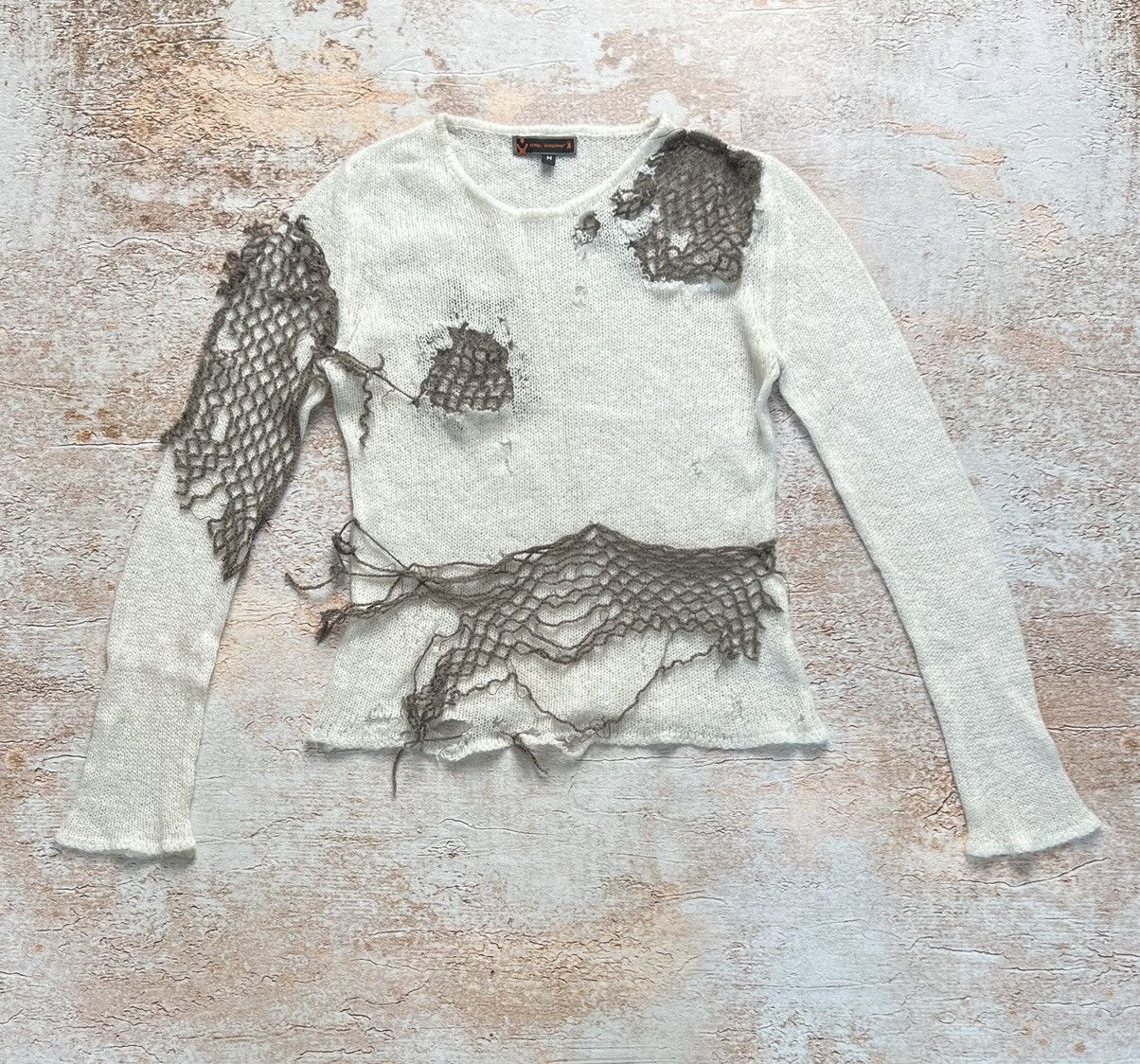 image of Avant Garde x Cop Copine Distressed Patched Mesh Sweater in White, Women's (Size Small)