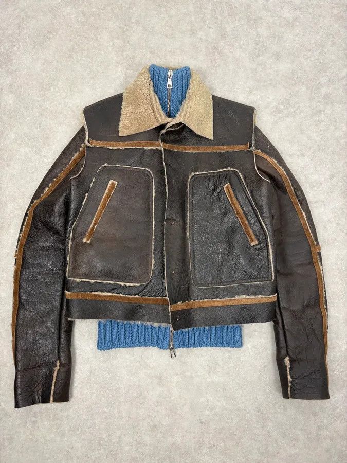Dsquared2 FW2002 Dsquared2 Brown Leather & Blue Wool Layered Sherling Jacket Size US S / EU 44-46 / 1 - 1 Thumbnail