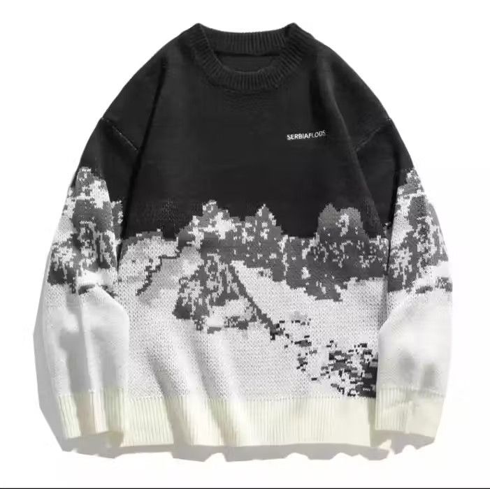 image of Vintage Mountains Knitted Sweater Pullover in Black, Men's (Size Large)