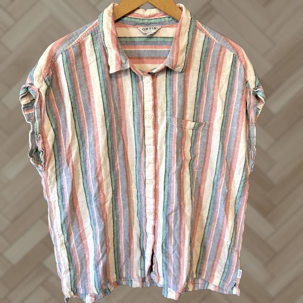 Orvis VINTAGE Orvis Womens Linen Blend Button Down Shirt Striped Short Sleeve Relaxed Fit XL Size XL / US 12-14 / IT 48-50 - 1 Thumbnail