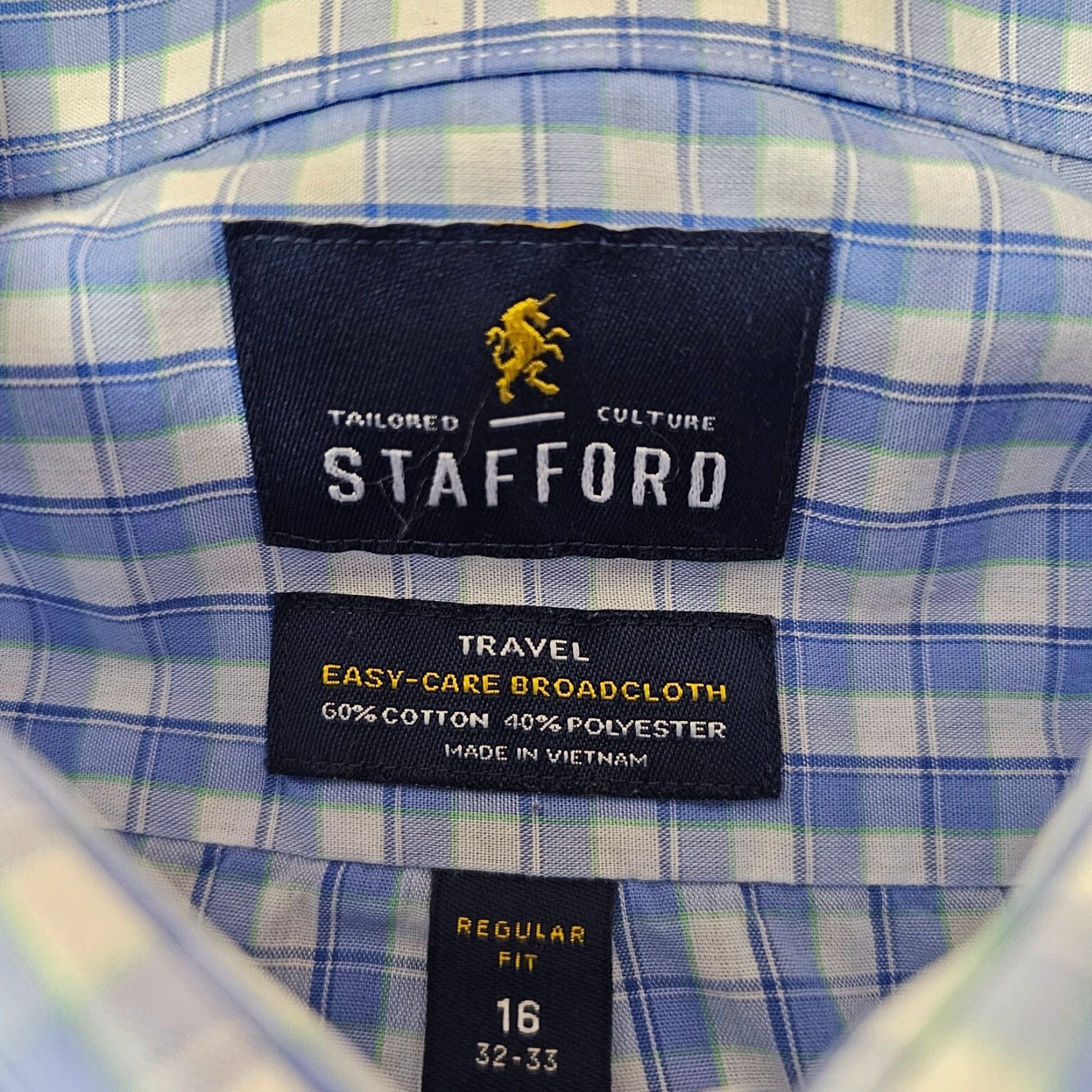Stafford Stafford Dress Shirt Men’s Size 16 Regular Blue Check Broadcloth Long Sleeve Button Collared Non-Iron Wrinkle Resistant Size 42R - 4 Thumbnail