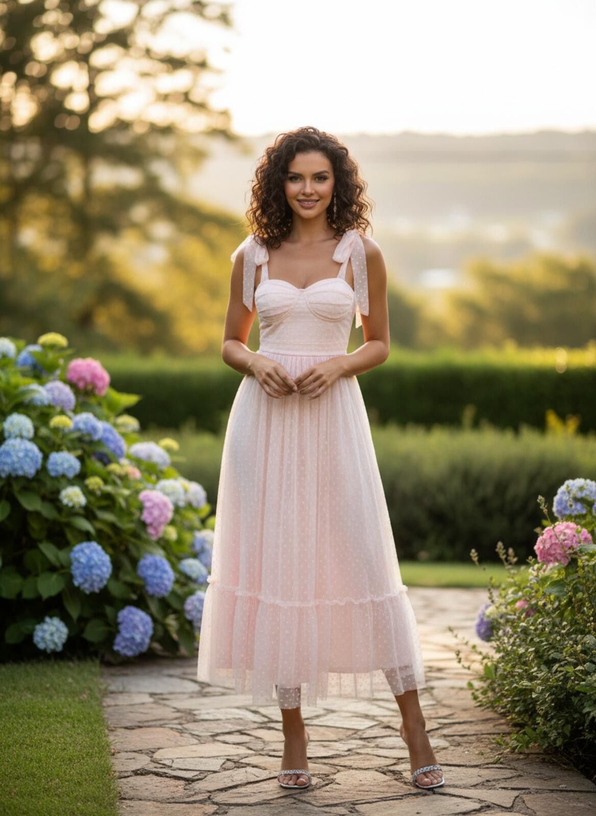 Other Elegant Light Pink Midi Dress with Bow Shoulder Straps XL Size XL / US 12-14 / IT 48-50 - 1 Thumbnail