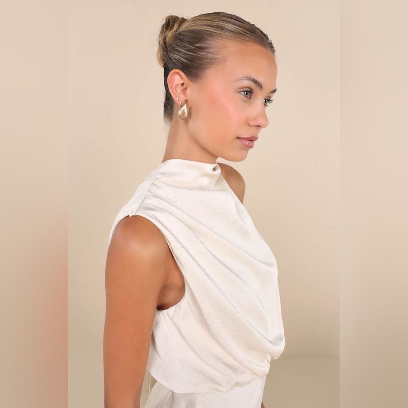 Other Lulu Greta Champagne Crinkle Satin Mock Neck Sleeveless Midi Size L / US 10 / IT 46 - 5 Thumbnail