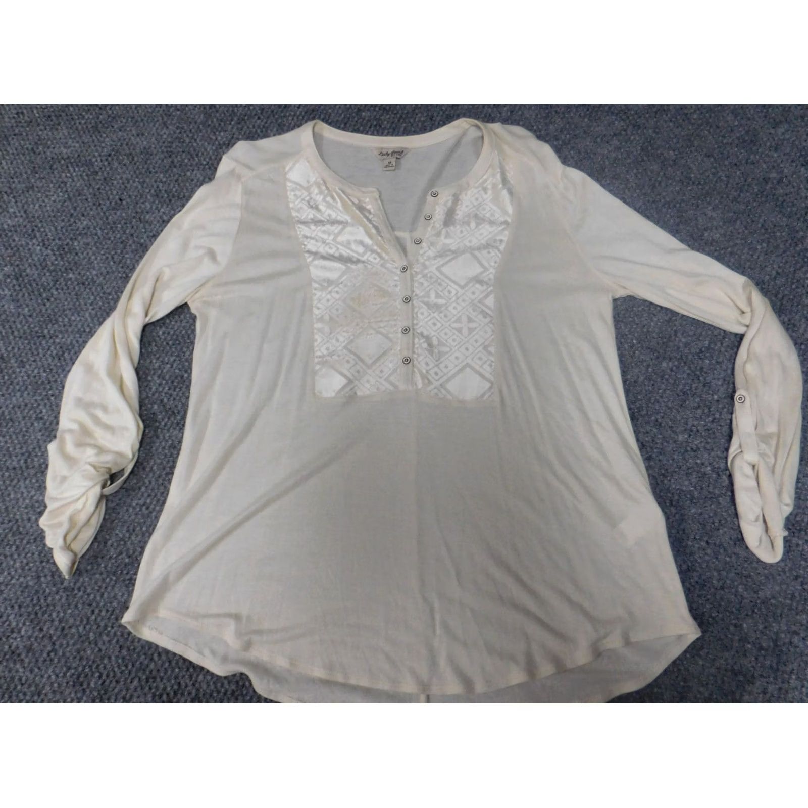 Lucky Brand Lucky Brand Blouse Womens M Beige Pullover Crew Neck Button Stretch Regular Classic Shirt UBan vintage: No Size M / US 6-8 / IT 42-44 - 2 Thumbnail