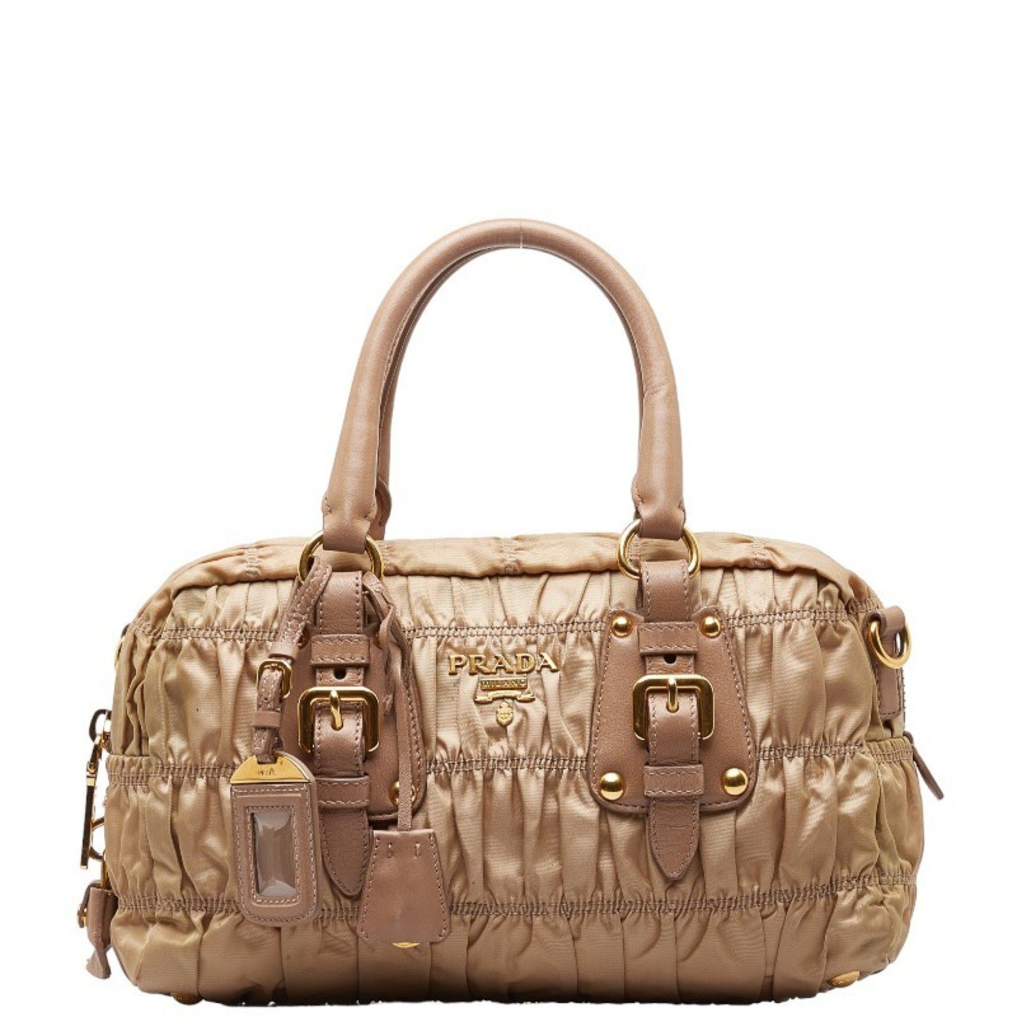 image of Prada Gathered Handbag Shoulder Bag Beige Nylon Leather Women's Prada