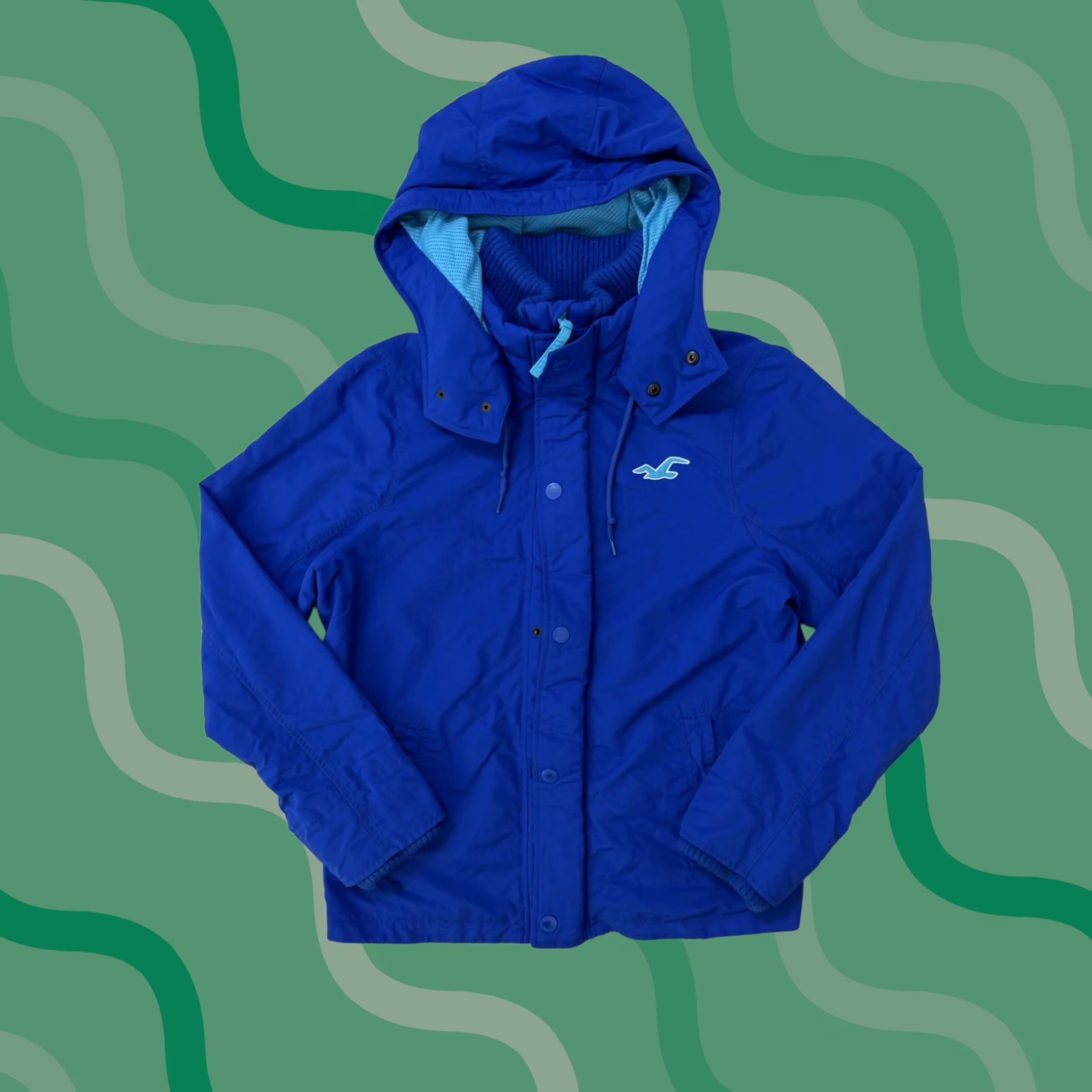 Hollister Jacket Mens XL Blue All-Weather Windbreaker Hooded Lined 