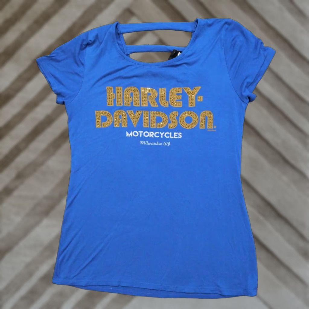 Harley Davidson VINTAGE Harley-Davidson T Shirt Womens Small Blue Sequin Milwaukee Open Back Size S / US 4 / IT 40 - 1 Thumbnail