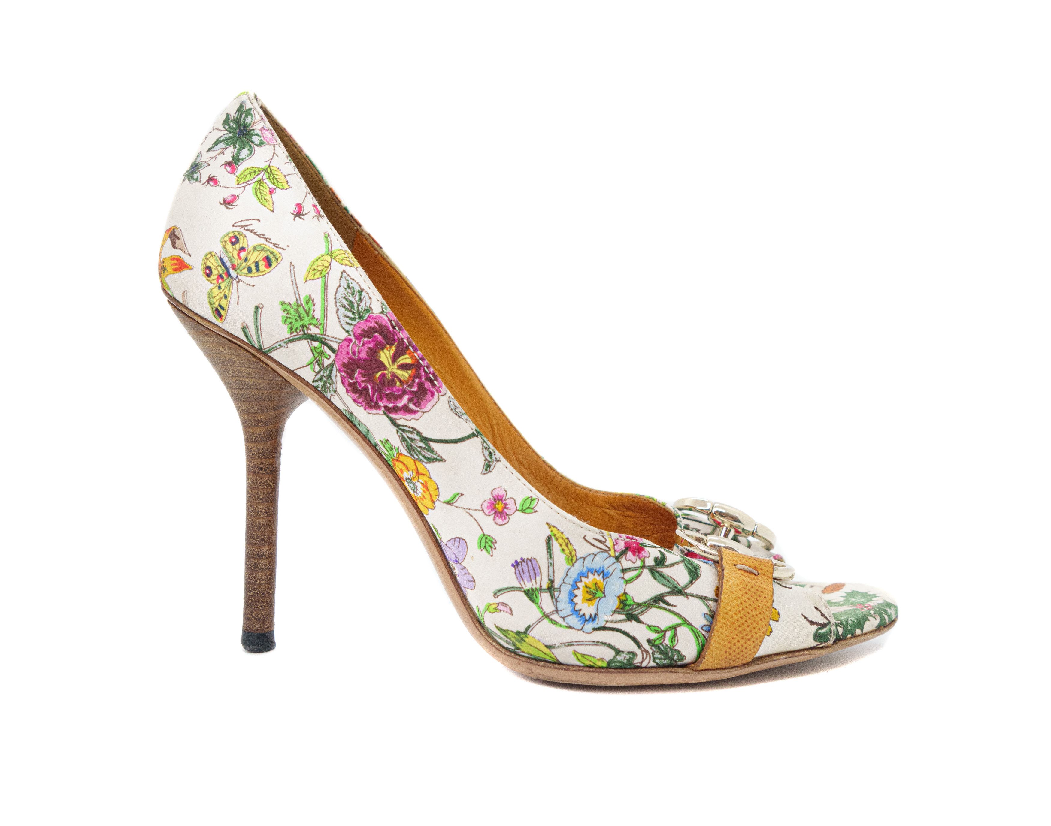 Gucci Botanical Floral Satin Horsebit Peep Heels Size US 7 / IT 37 - 2 Thumbnail