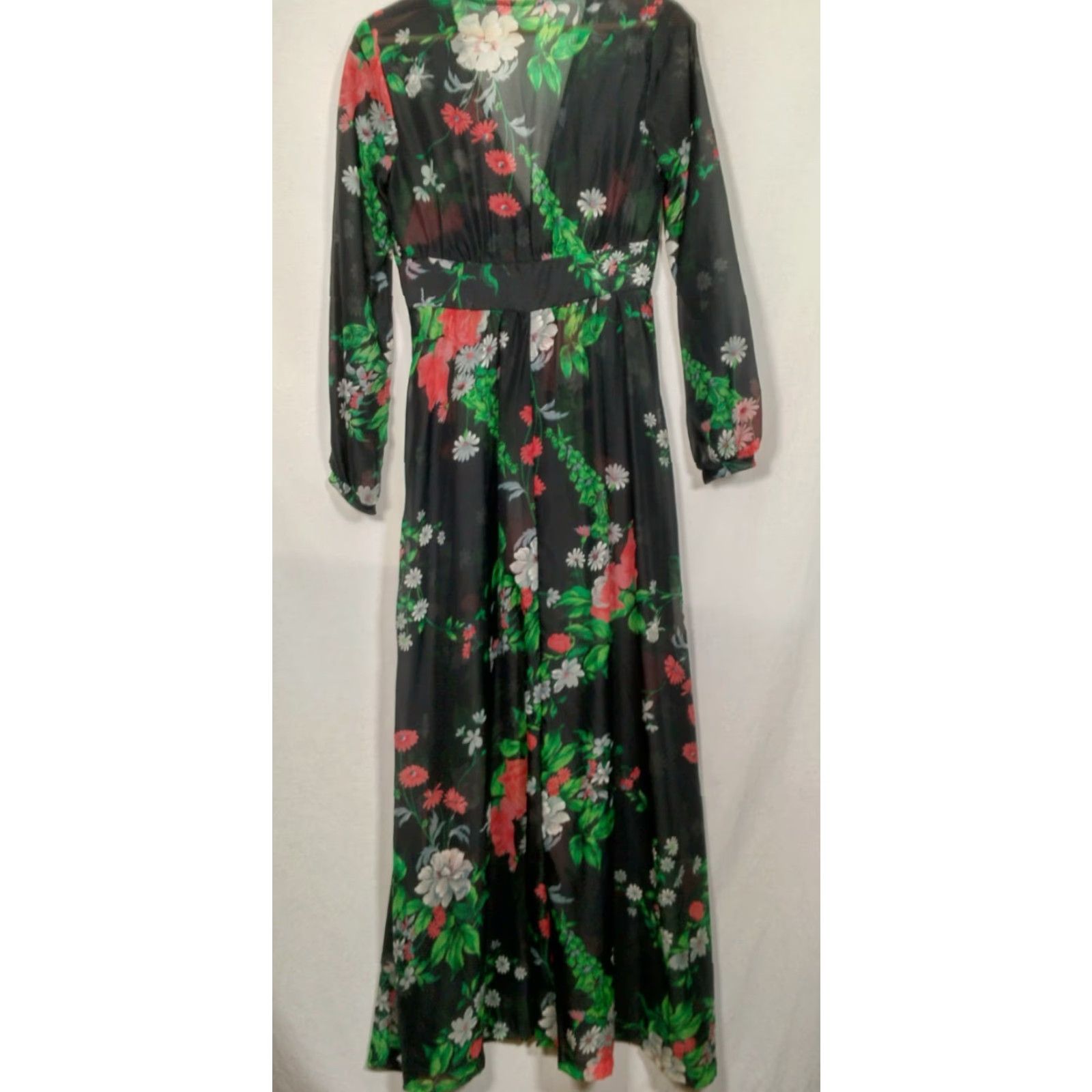 Vintage VINTAGE 1970s Sheer Dress Robe Cover Up Black Daisy Floral Maxi Nylon Bohemian 5/6 Women Girls Mens? Size S / US 4 / IT 40 - 2 Thumbnail