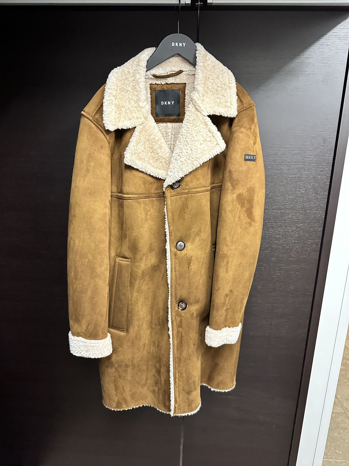 image of Dkny Men's Shearling Classic Fit Overcoat in Brown (Size Medium)