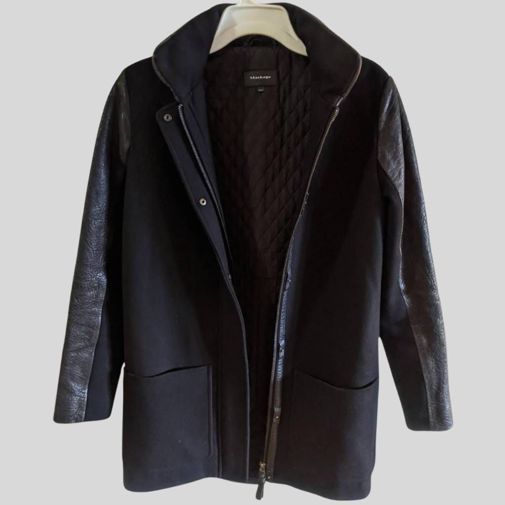 Mackage Mackage Wool Leather Sleeve Coat XS Black Moto Style Jacket Size XS / US 0-2 / IT 36-38 - 3 Thumbnail