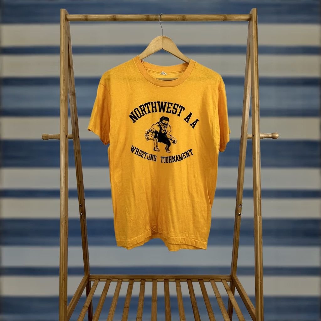 Vintage VTG 80s Northwest AA Wrestling Tournament Muscle Thin Single Stitch T-Shirt XL Shirt Men Yellow Gym, Work Out, Wrestling AA Shirt XL Mens Size US XL / EU 56 / 4 - 1 Thumbnail
