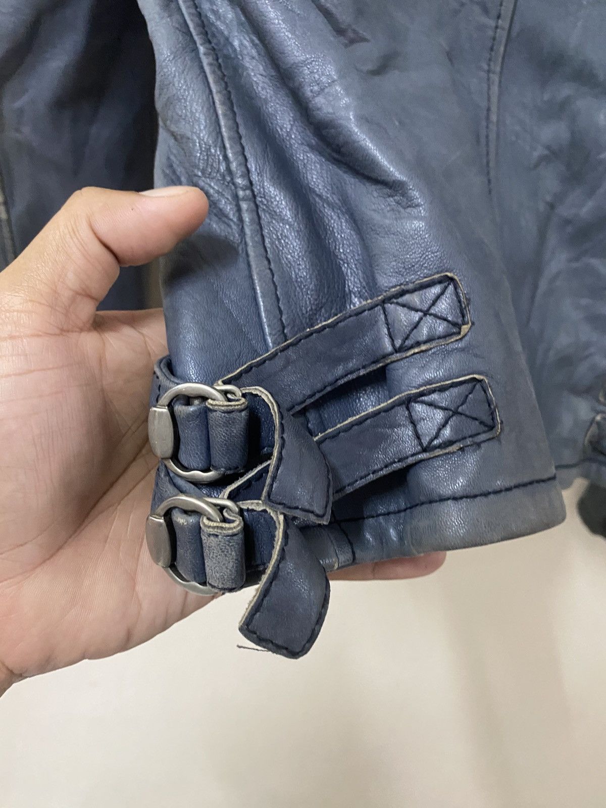 Vintage MuseRoom Blue Leather Biker Jacket Distressed Moto Style Size US S / EU 44-46 / 1 - 11 Thumbnail