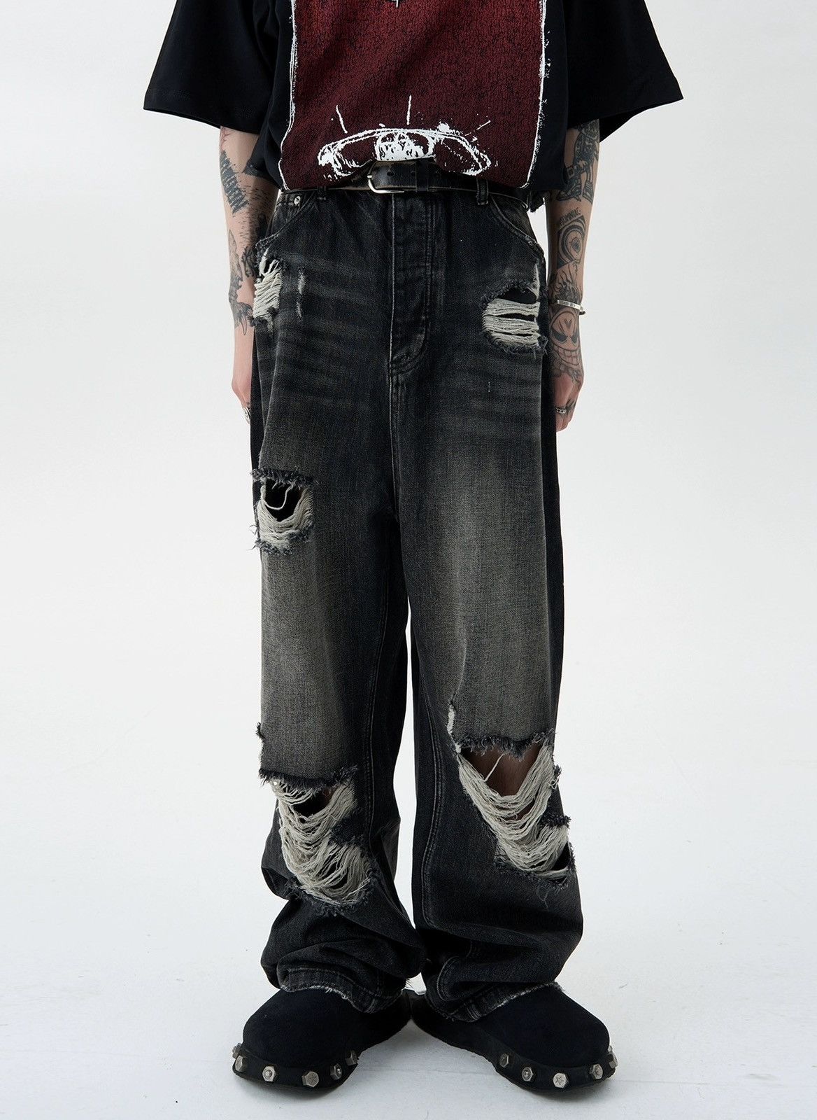 image of Vintage Retro Punk Rock Distressed Baggy Ripped Jeans in Black, Men's (Size 30)