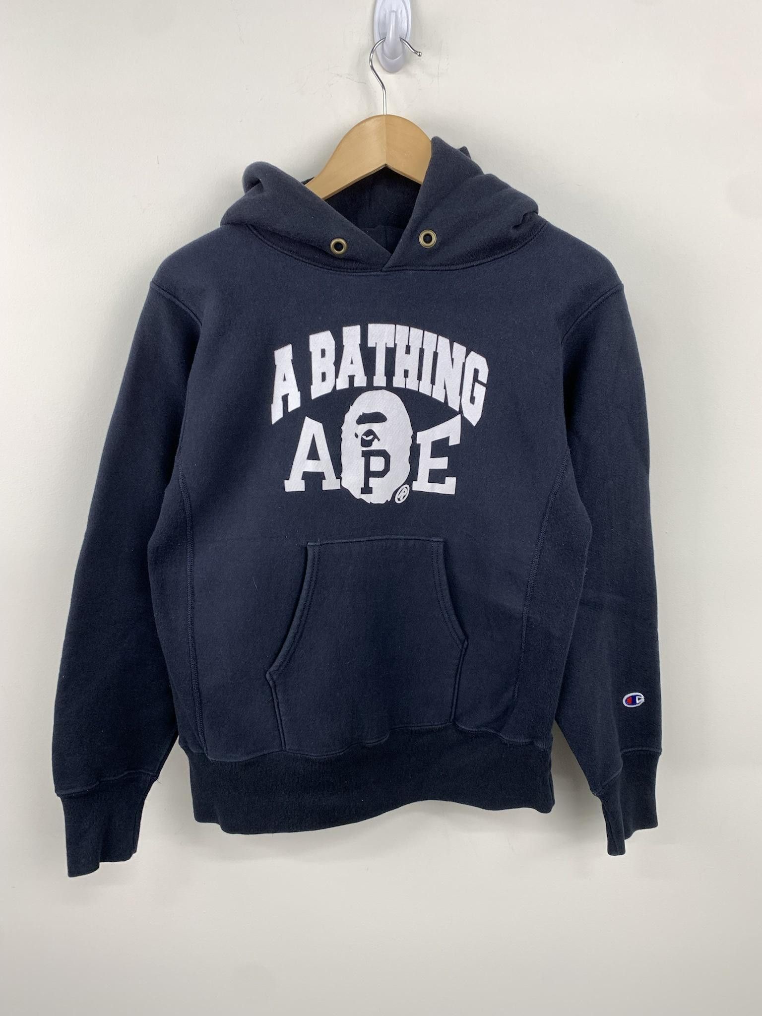 image of Bape College Logo Champion Hoodie (P On Ape) in Navy, Men's (Size Medium)