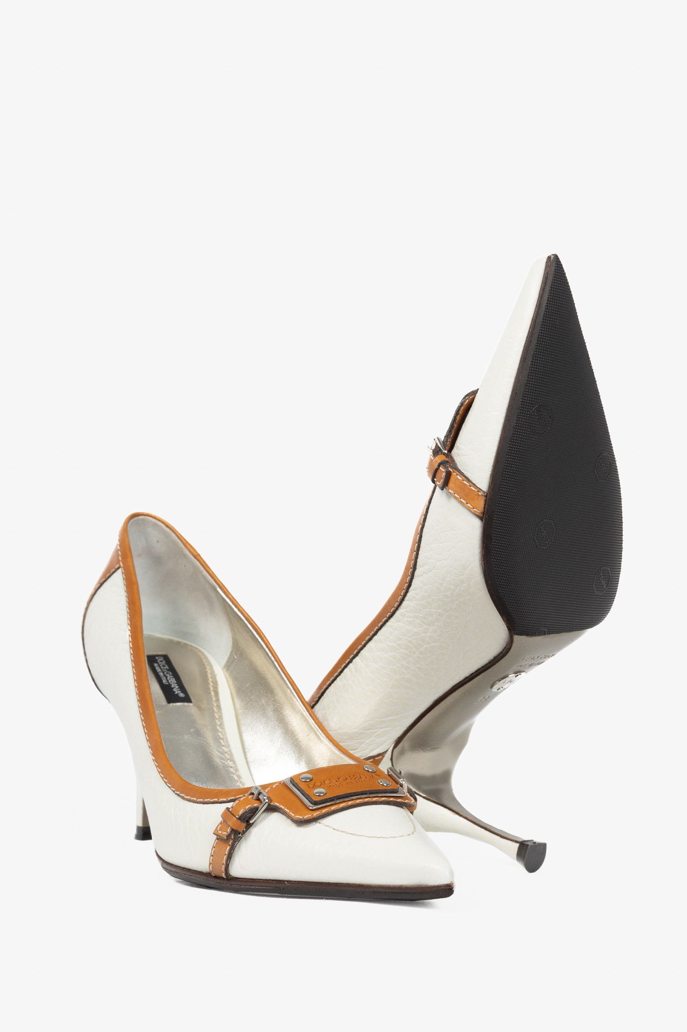 Dolce & Gabbana Dolce & Gabbana White & Cognac Logo-Plate Pumps Size US 7.5 / IT 37.5 - 4 Thumbnail