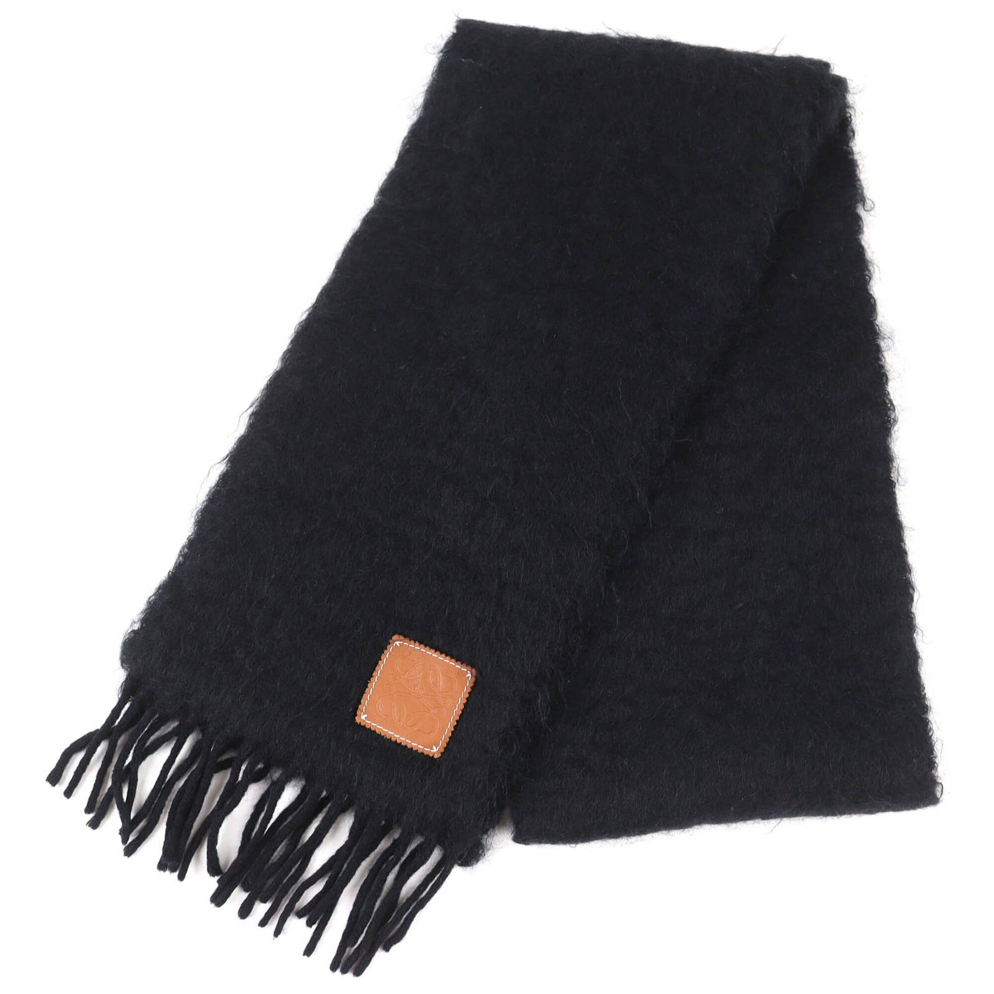 Loewe LOEWE Mohair Wool Anagram Logo Patch Fringe Long Scarf, Black, Made in Spain, Authentic, Women's Size ONE SIZE - 1 Thumbnail