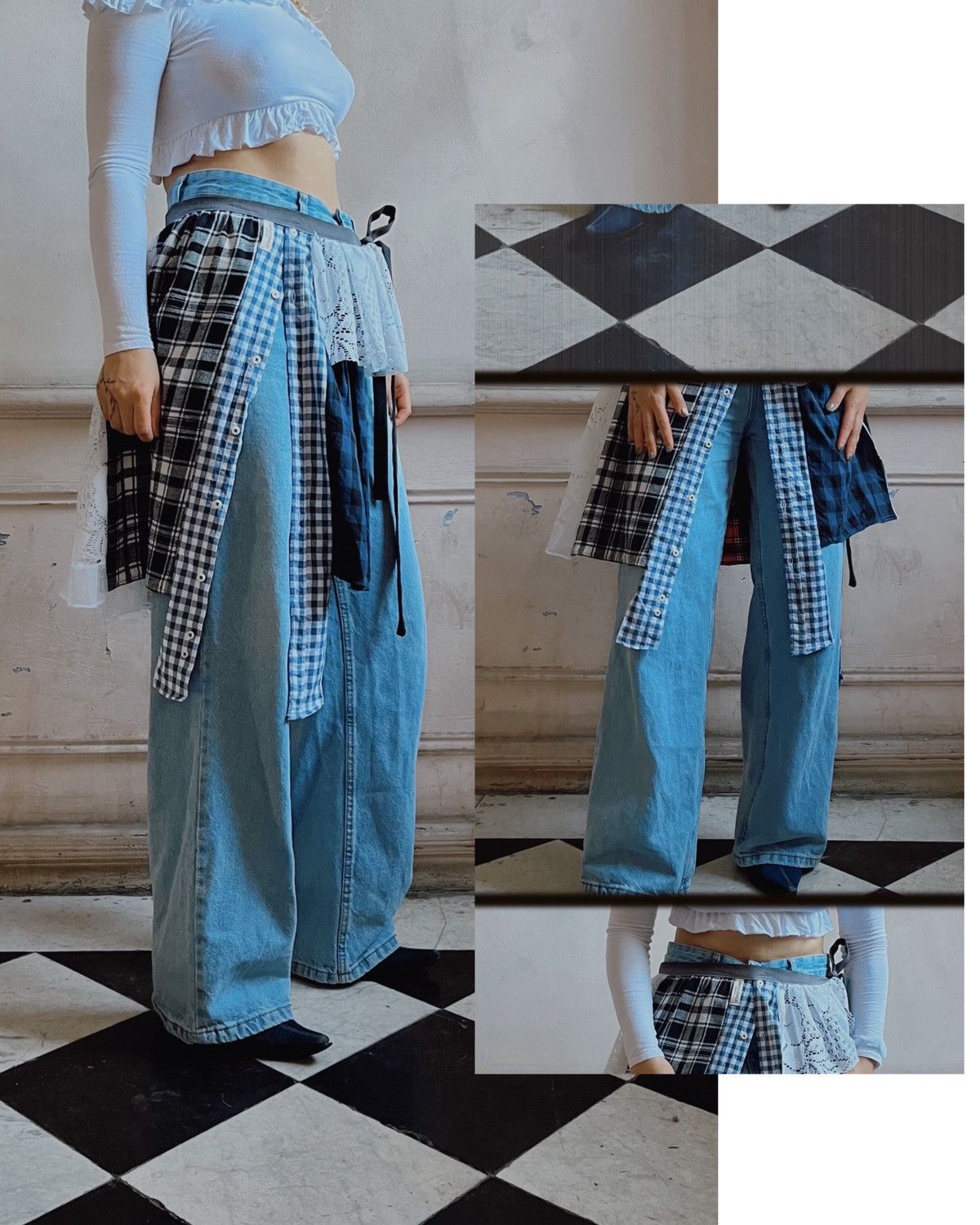 Custommade Upcycled Plaid & Lace Midi Belt Skirt / peplum belt Size 28" / US 6 / IT 42 - 4 Thumbnail