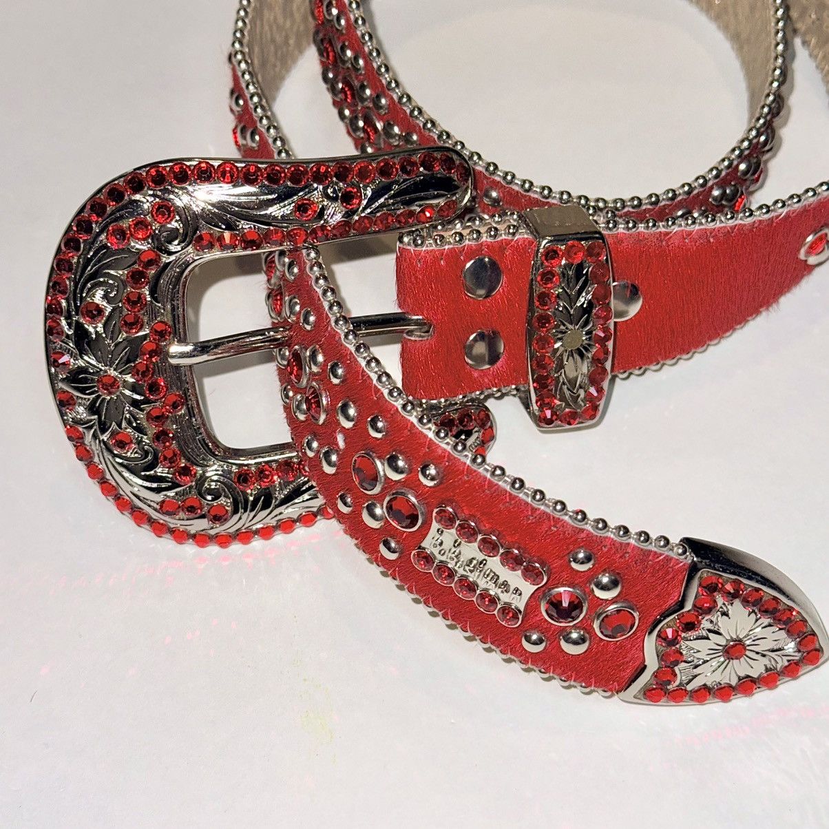 B.B. Simon BB Simon Red Crystal Pony Hair Belt Size 34 - 5 Thumbnail