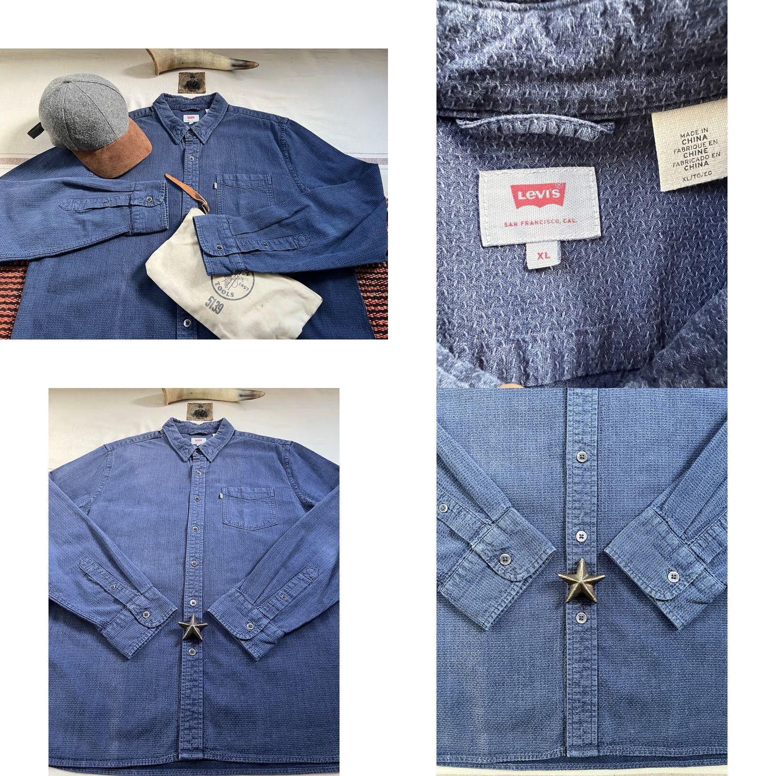 Levi's VINTAGE Levi's Shirt XL Indigo Brocade Raised Pattern RARE 2018 USA Oak Cone Mills Blue Mens Size US XL / EU 56 / 4 - 9 Thumbnail
