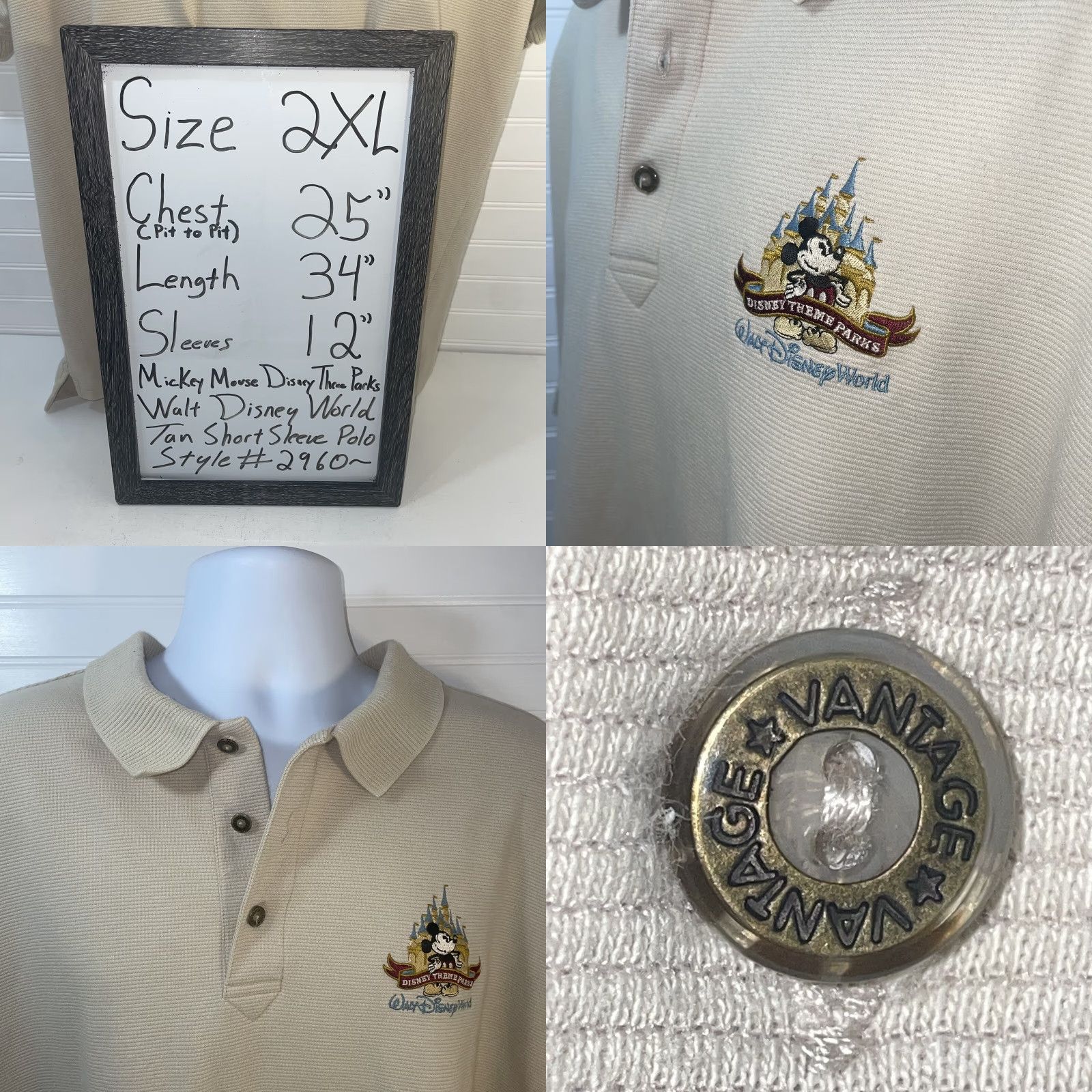 Disney Walt Disney World Mickey Mouse Polo Men 2XL Tan Short Sleeve Button Collar Shirt Size US XXL / EU 58 / 5 - 8 Thumbnail