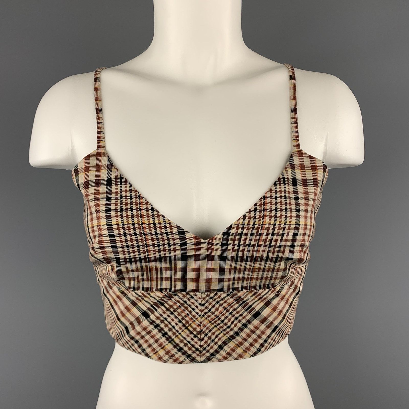 Deveaux 8 Beige & Burgundy Plaid Cotton Shell Bralette Top Size M / US 6-8 / IT 42-44 - 1 Thumbnail
