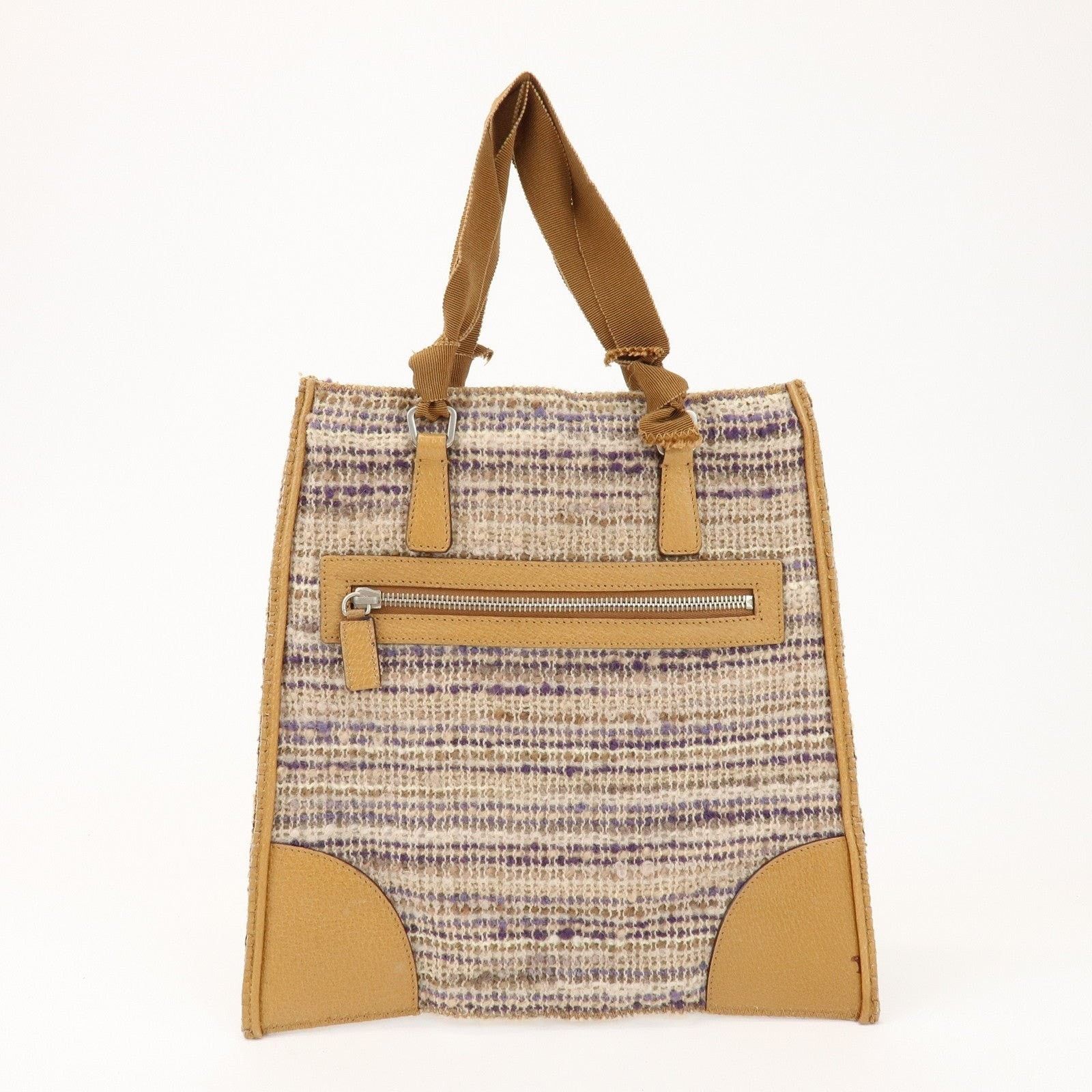 Prada Prada Triangle Logo Tweed Leather Tote Tan Size ONE SIZE - 2 Thumbnail