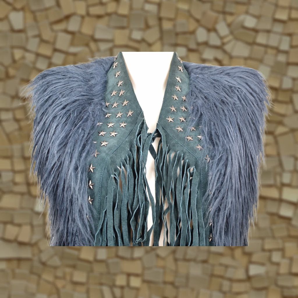 GOOSECRAFT Goosecraft Gallery Contract 7301 Fringed Leather Acrylic Biker Vest Gilet S Blue Women Vest Size S Size S / US 4 / IT 40 - 1 Thumbnail