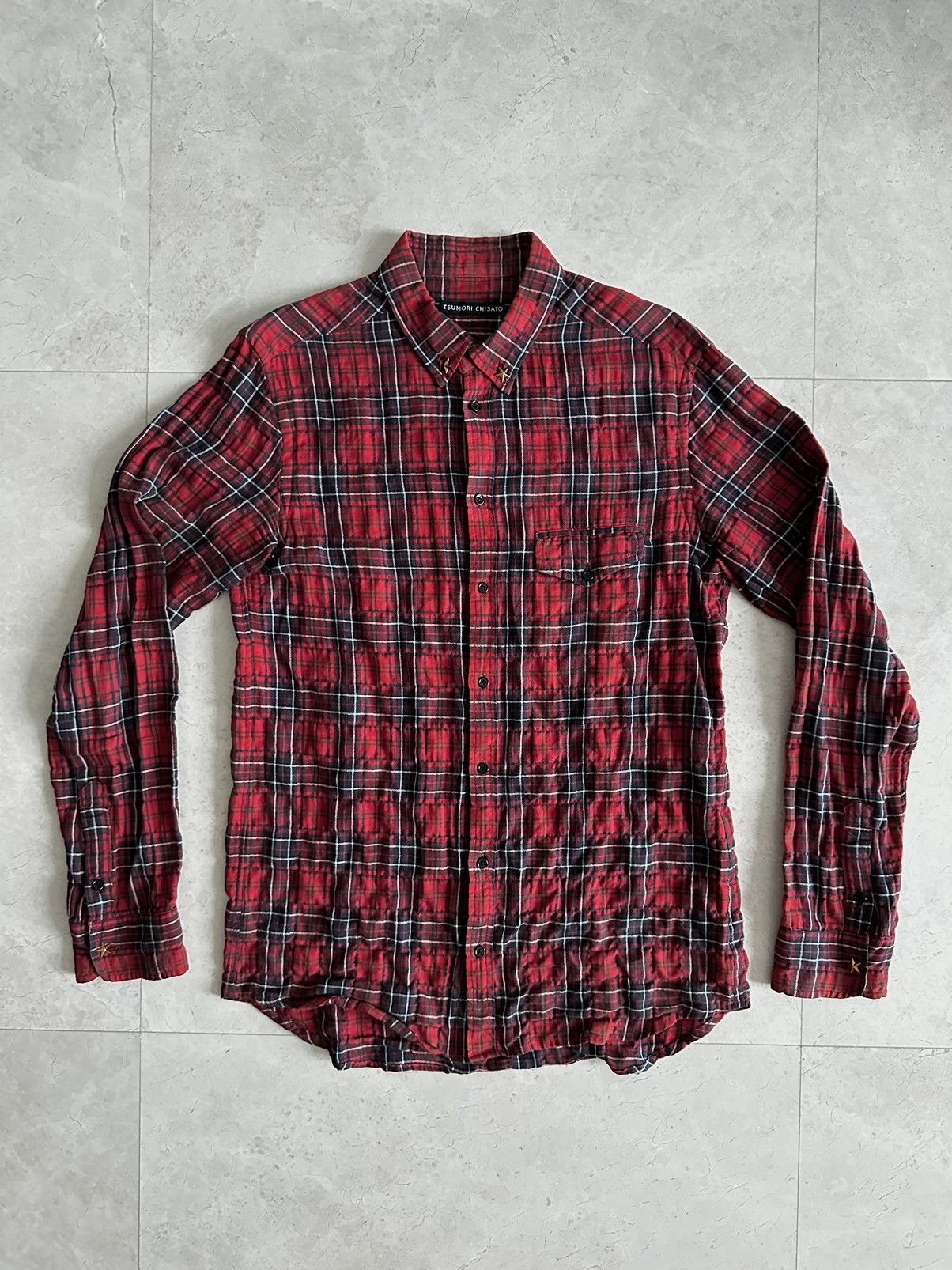 image of Issey Miyake x Tsumori Chisato Tartan Plaid Shirt in Red Tartan, Men's (Size Small)