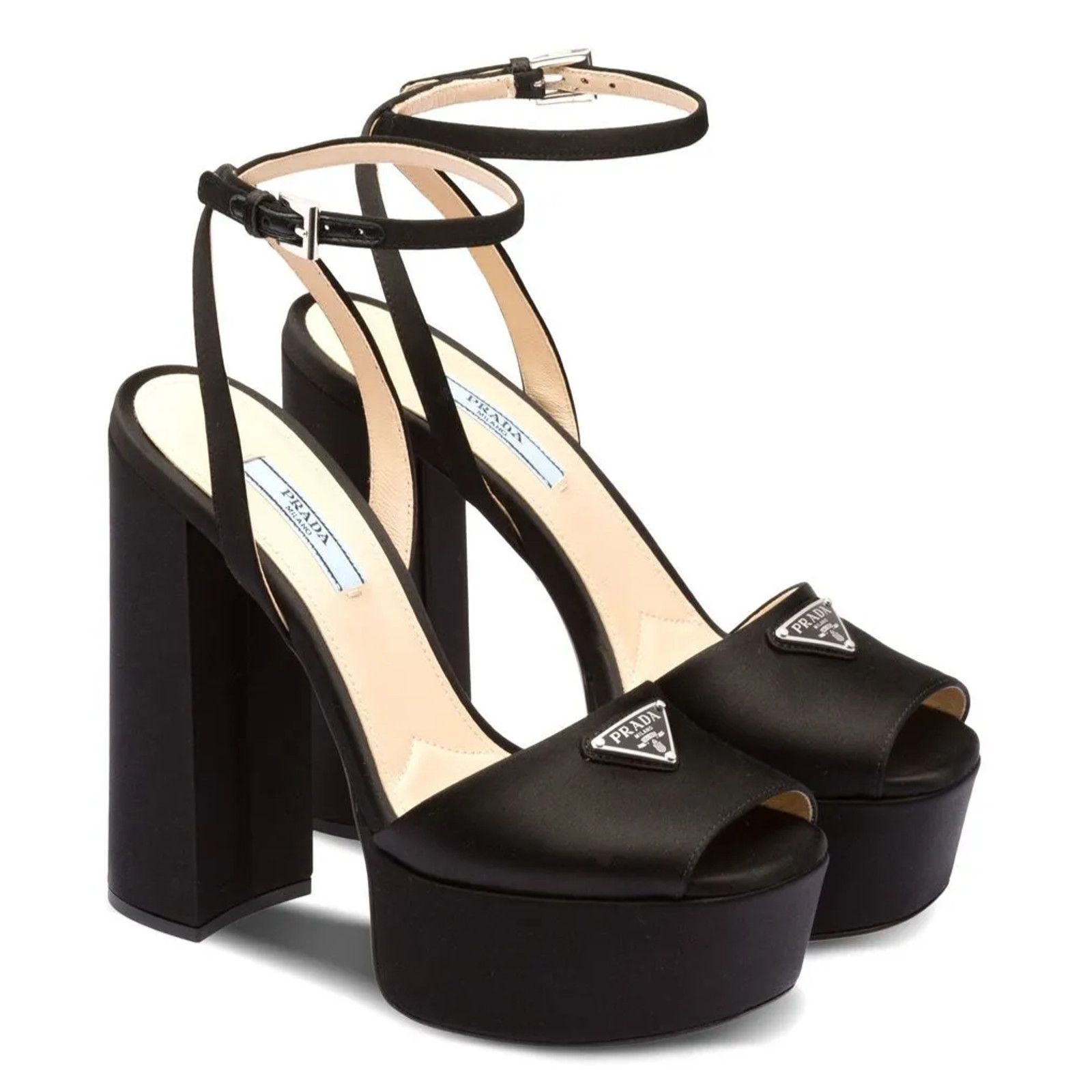 Prada Prada 135mm Black Satin Logo Platform Sandal Ankle Strap Size US 10 / IT 40 - 3 Thumbnail