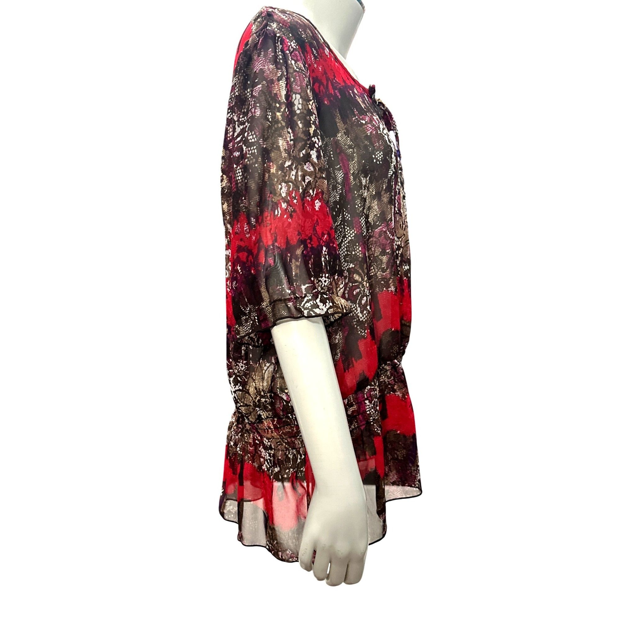 Other AGB XL Sheer Lace Tunic Red Black Snake Tie Neck Blouse Roma Size XL / US 12-14 / IT 48-50 - 7 Thumbnail