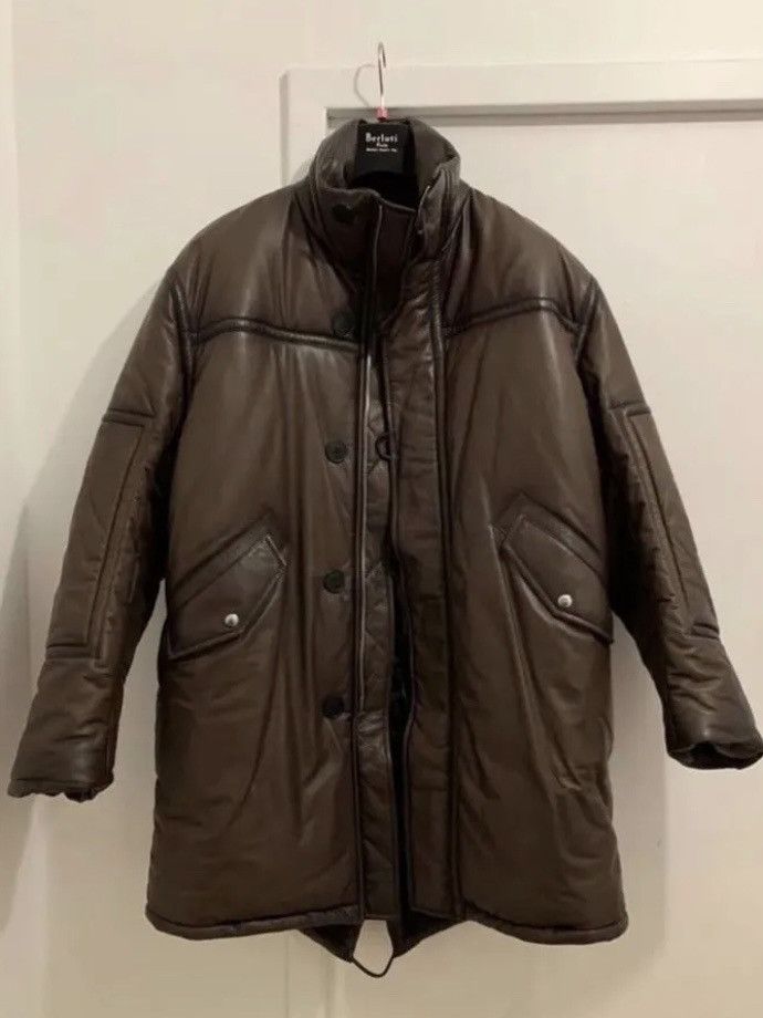 image of Berluti Patina Leather Biker Down Parka Jacket in Brown, Men's (Size Large)