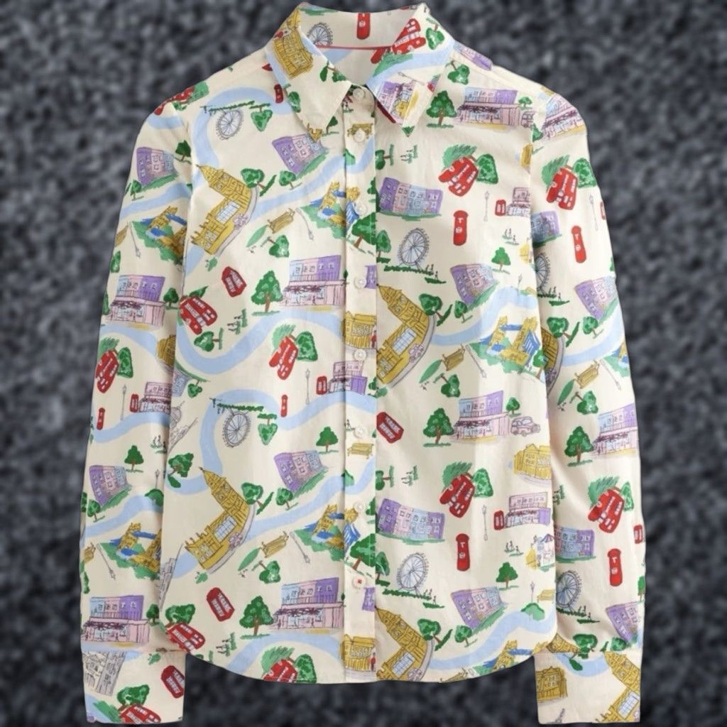 Boden London Print Button-Down Shirt Size 12R Women Multicolor Cotton Long Sleeve Button-Up