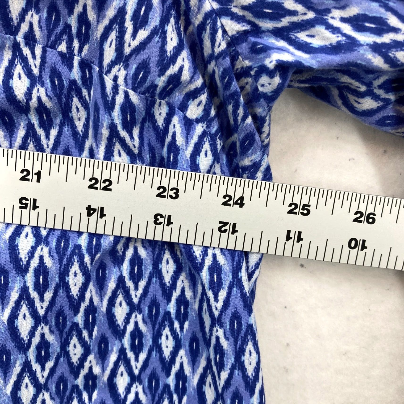 Vintage Catherines 1X Blue Ikat Print Button Front Blouse Cotton Roll Tab Sleeves Boho Shirt Women Plus Size Regular Fit Casual Bohemian Feminine Size XL / US 12-14 / IT 48-50 - 7 Thumbnail