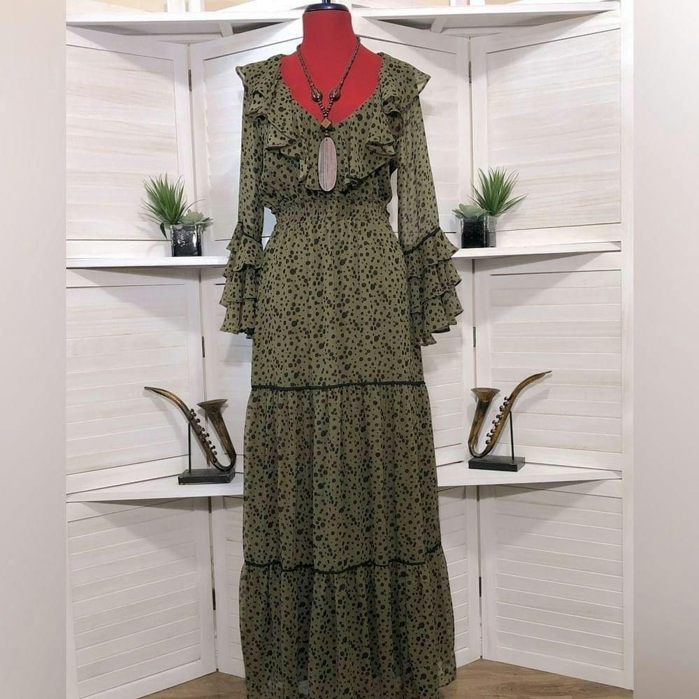 image of NWT Misa Los Angeles Boho Mavistela Green Ruffled Dress Xs, Women's