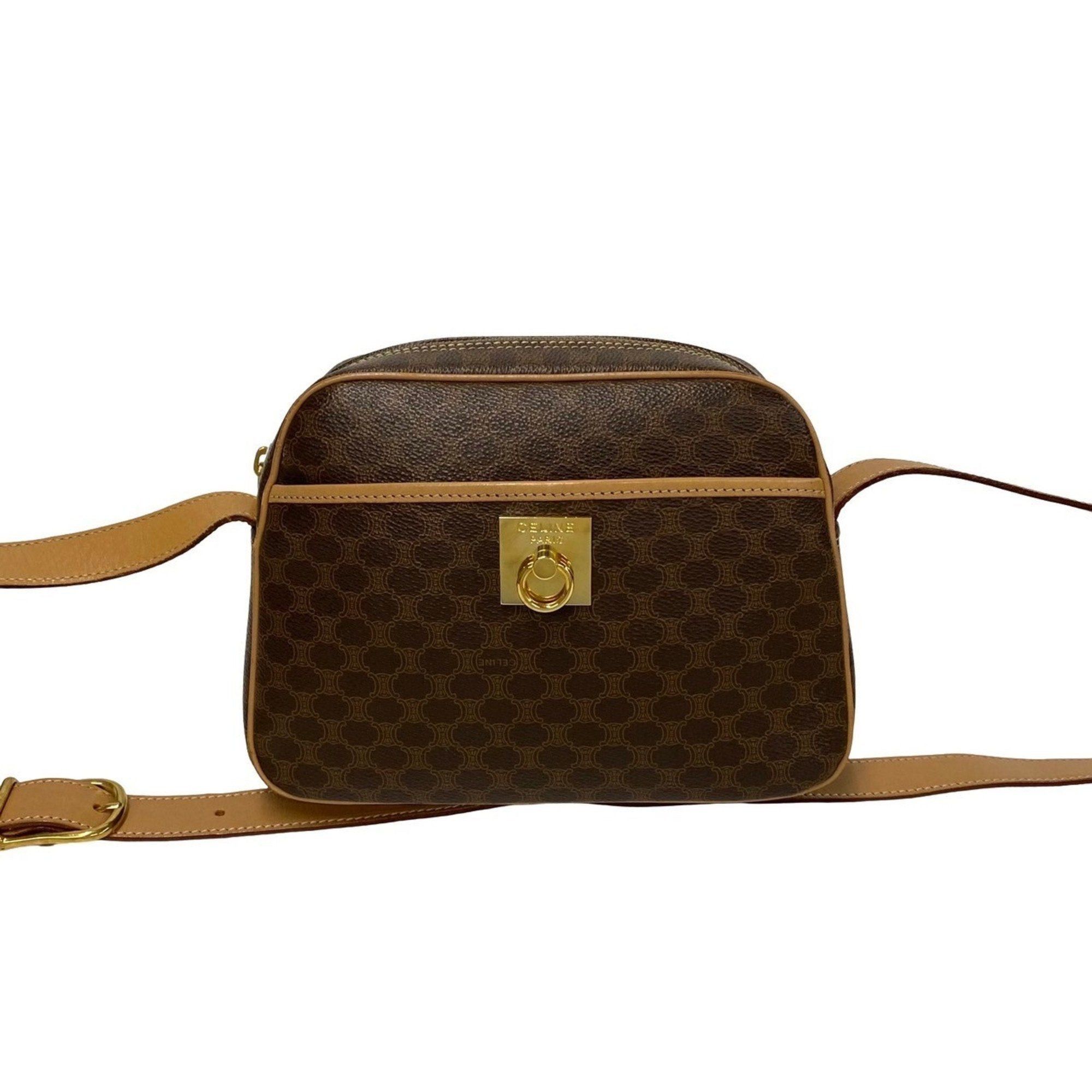 image of Celine Macadam Blason Triomphe Ring Hardware Leather Shoulder Bag Crossbody Brown 25834, Women's
