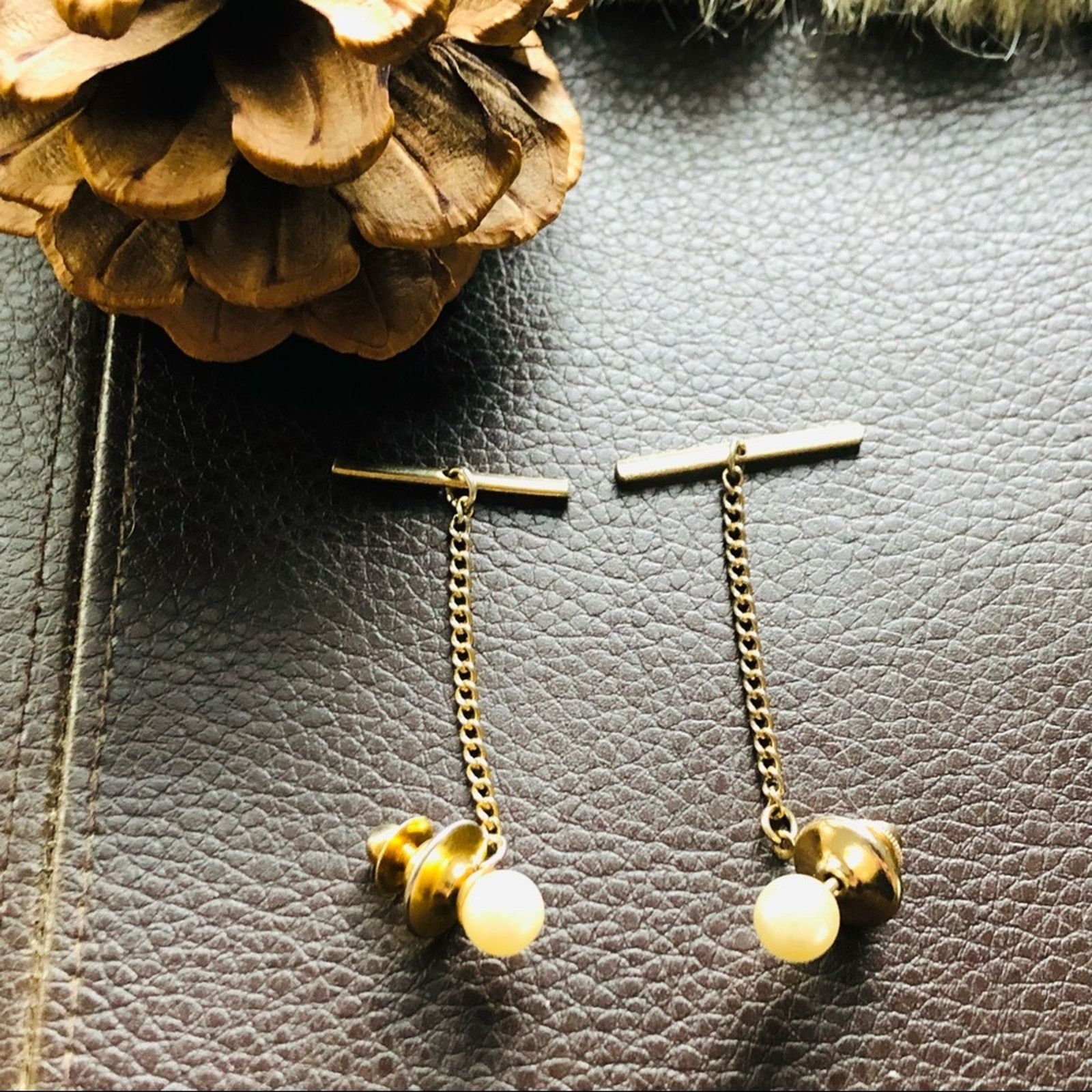 Vintage Vintage men’s faux pearl gold tie clip pin with set of 2 Size ONE SIZE - 1 Thumbnail