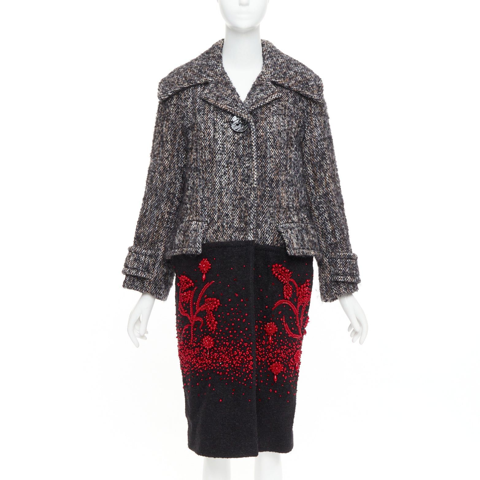 Prada PRADA 2017 speckled wool tweed red bead embellishment hem long coat IT38 XS Size XS / US 0-2 / IT 36-38 - 1 Thumbnail