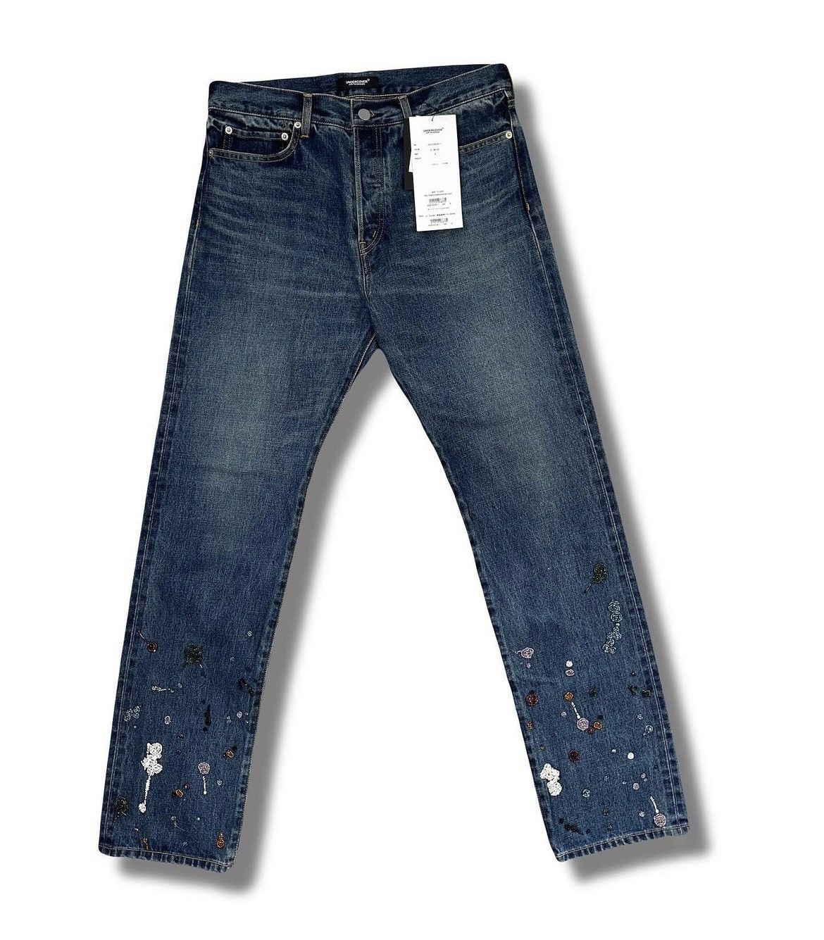 image of Number N Ine Aw23 Undercover Embroidered Splatter Jeans in Blue, Men's (Size 32)